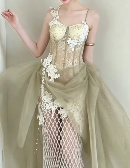 Ornate Spaghetti Straps Green Prom Dress Green Tulle Mesh Sheath Evening Dress GG6324