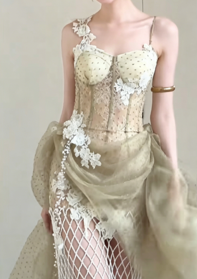 Ornate Spaghetti Straps Green Prom Dress Green Tulle Mesh Sheath Evening Dress GG6324