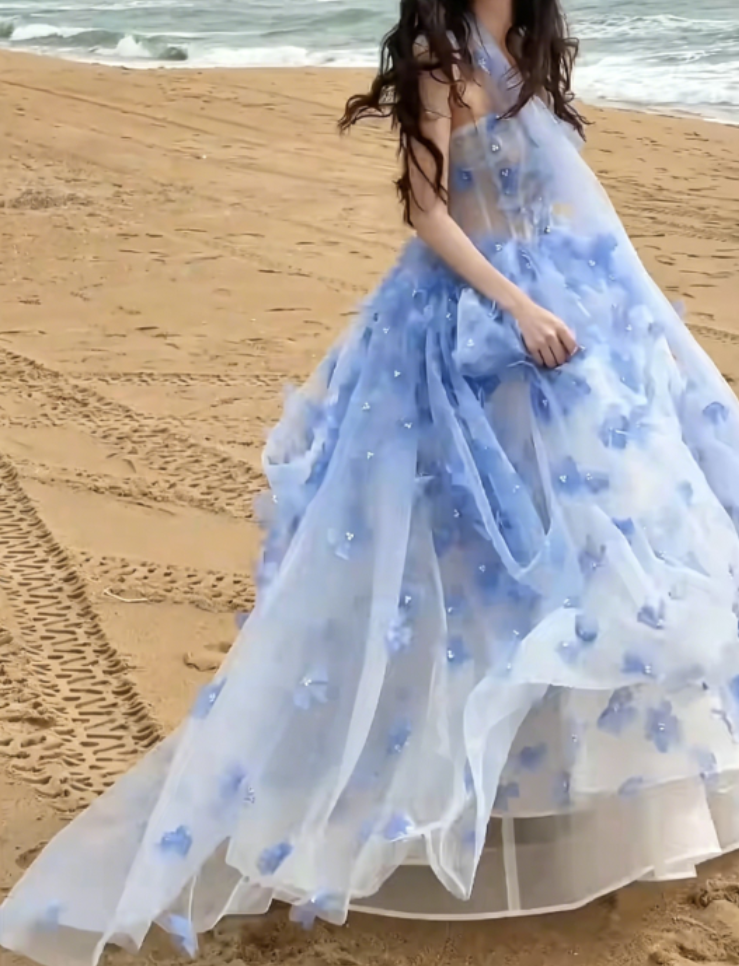 Charming Strapless Blue Prom Dress With Scarf Appliques Beads A-Line Evening Dress GG6326