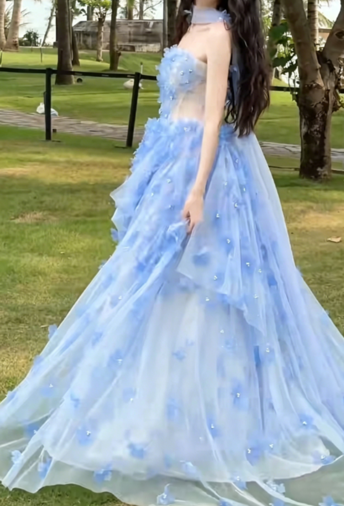 Charming Strapless Blue Prom Dress With Scarf Appliques Beads A-Line Evening Dress GG6326