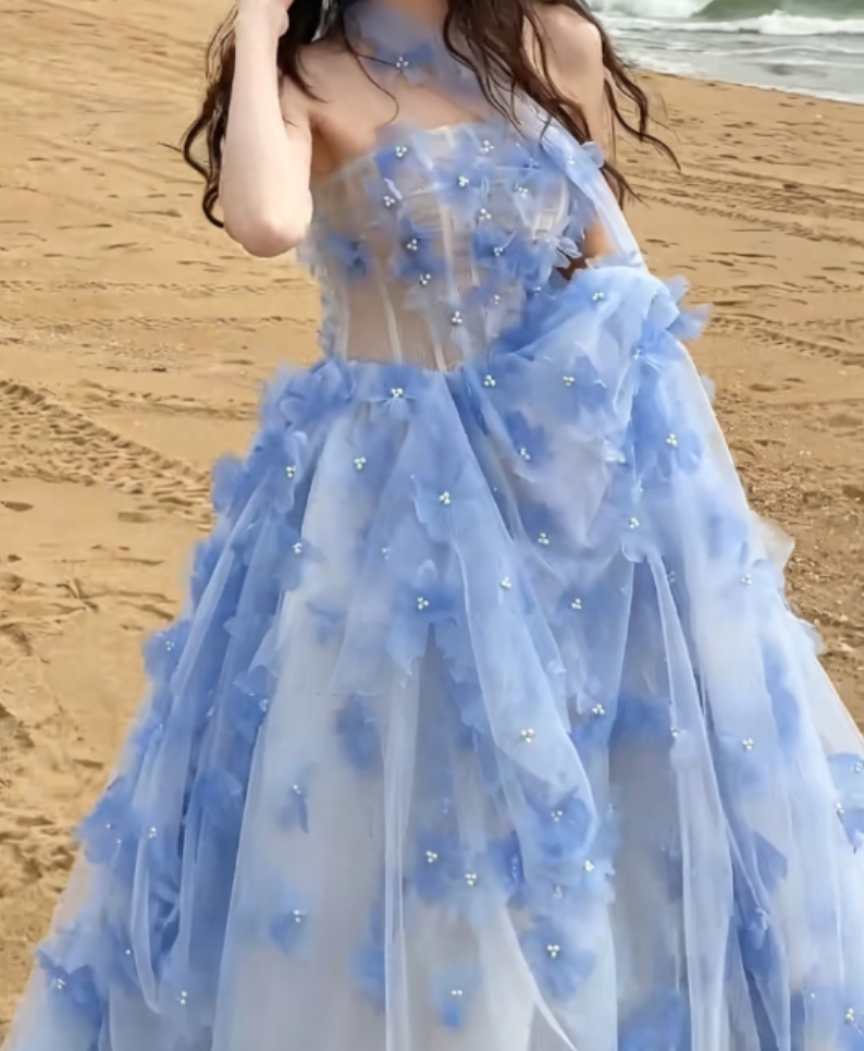 Charming Strapless Blue Prom Dress With Scarf Appliques Beads A-Line Evening Dress GG6326