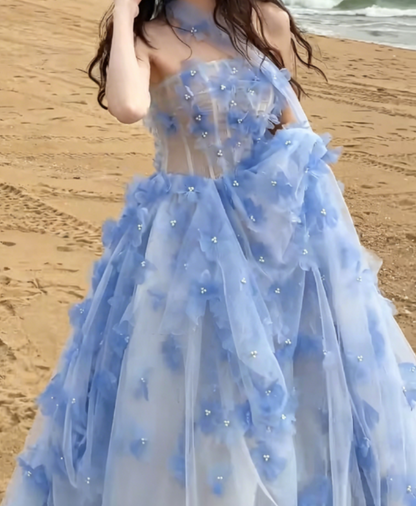 Charming Strapless Blue Prom Dress With Scarf Appliques Beads A-Line Evening Dress GG6326