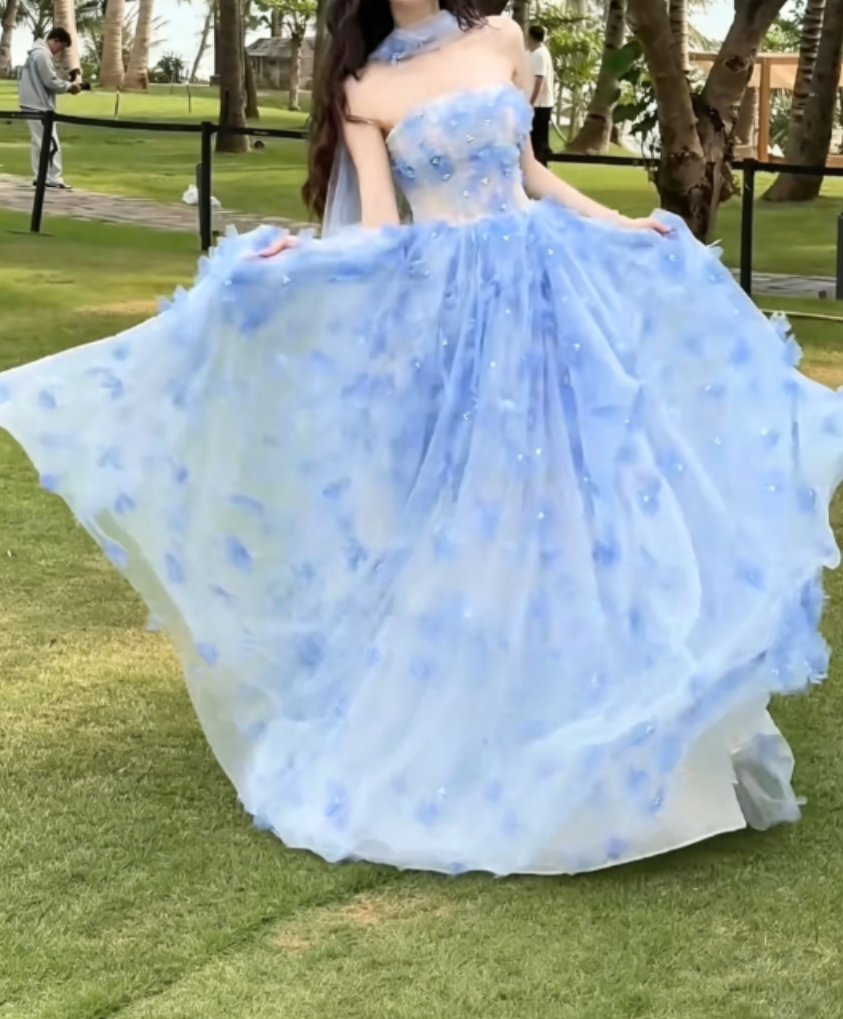 Charming Strapless Blue Prom Dress With Scarf Appliques Beads A-Line Evening Dress GG6326