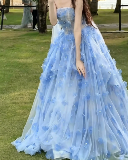 Charming Strapless Blue Prom Dress With Scarf Appliques Beads A-Line Evening Dress GG6326