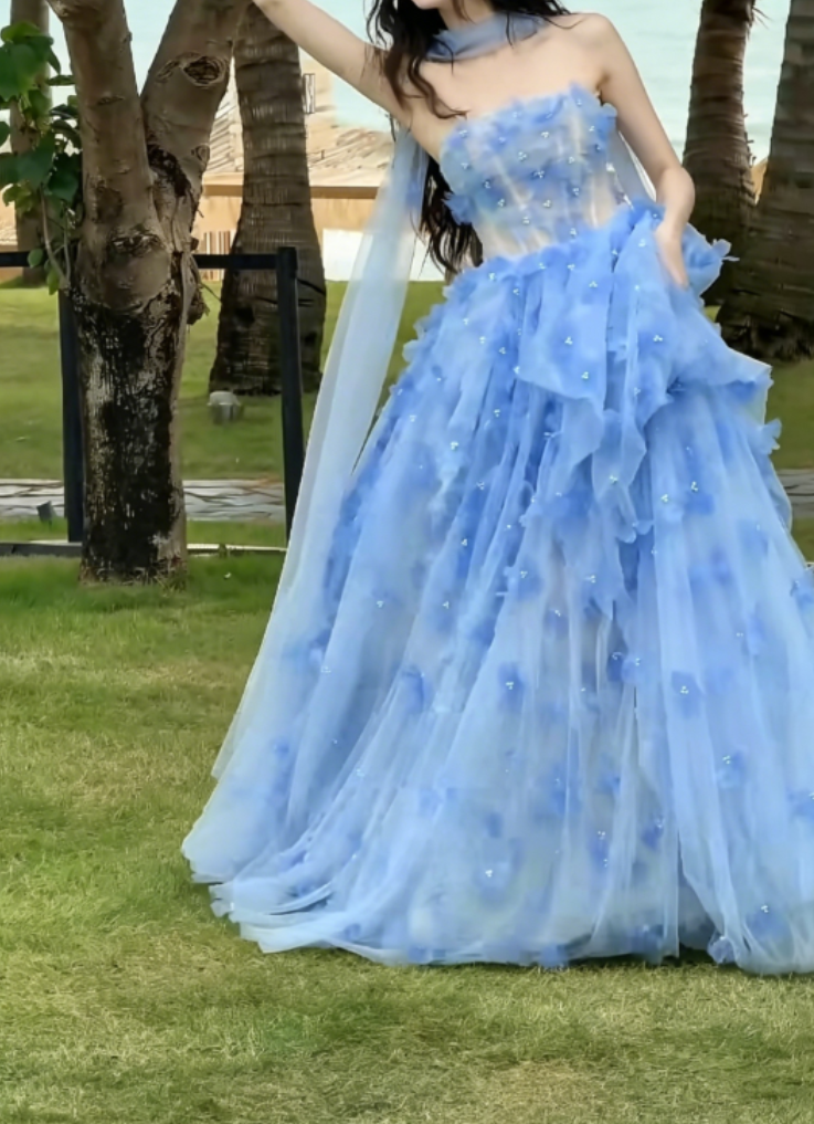Charming Strapless Blue Prom Dress With Scarf Appliques Beads A-Line Evening Dress GG6326