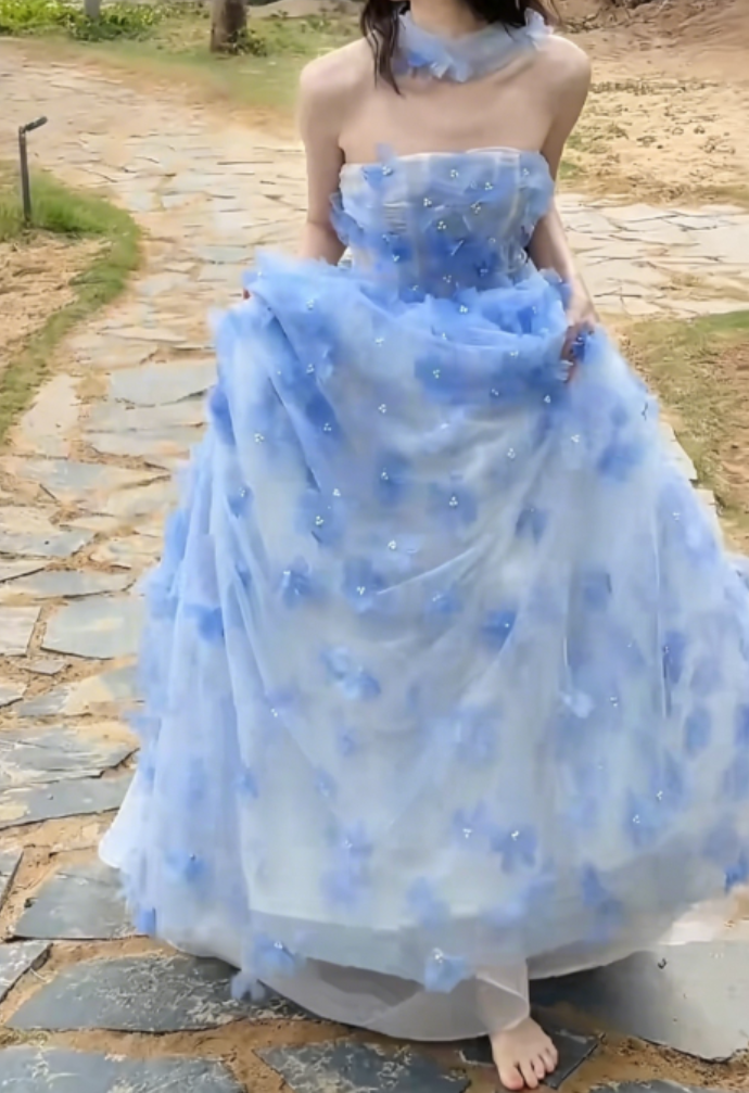 Charming Strapless Blue Prom Dress With Scarf Appliques Beads A-Line Evening Dress GG6326