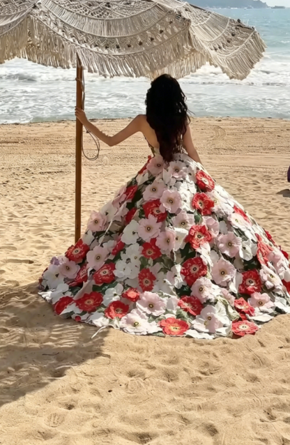 Unique Strapless Floral Prom Dress Appliques A-Line Evening Dress GG6327