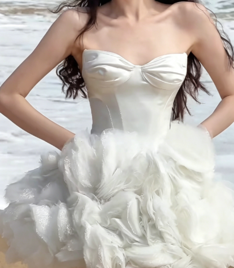 Graceful Strapless Homecoming Dress White Birthday Outfit Ruffled Tulle Party Dress GG6330