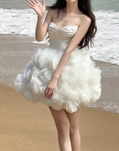 Graceful Strapless Homecoming Dress White Birthday Outfit Ruffled Tulle Party Dress GG6330