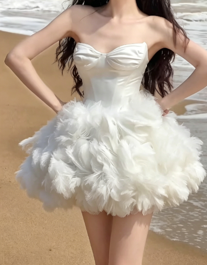 Graceful Strapless Homecoming Dress White Birthday Outfit Ruffled Tulle Party Dress GG6330