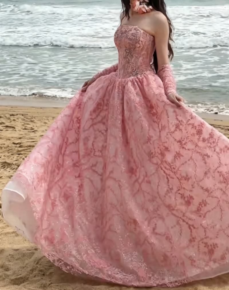 Chic Strapless Pink Prom Dress Beading Sequins A-Line Evening Dress GG6331