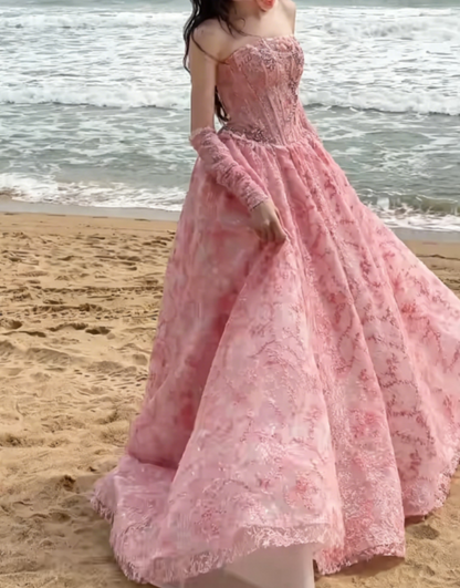 Chic Strapless Pink Prom Dress Beading Sequins A-Line Evening Dress GG6331