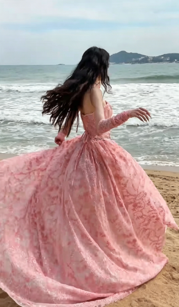 Chic Strapless Pink Prom Dress Beading Sequins A-Line Evening Dress GG6331