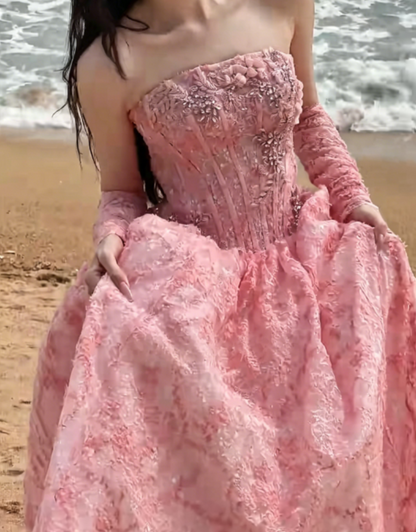 Chic Strapless Pink Prom Dress Beading Sequins A-Line Evening Dress GG6331
