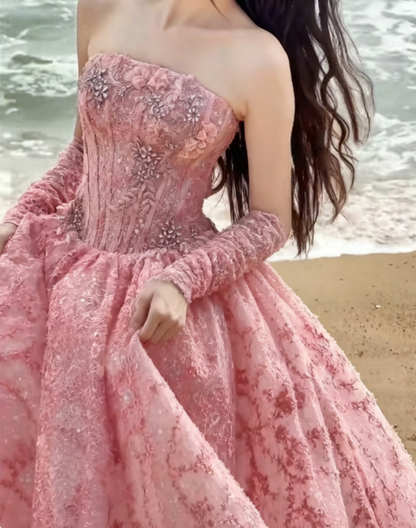 Chic Strapless Pink Prom Dress Beading Sequins A-Line Evening Dress GG6331