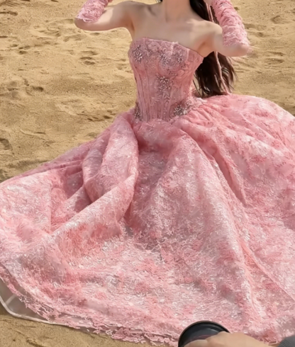 Chic Strapless Pink Prom Dress Beading Sequins A-Line Evening Dress GG6331