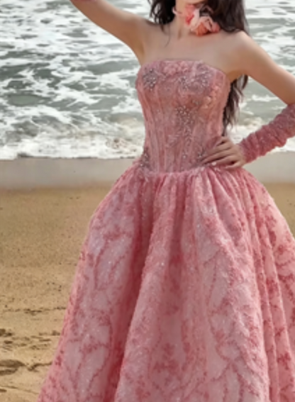 Chic Strapless Pink Prom Dress Beading Sequins A-Line Evening Dress GG6331