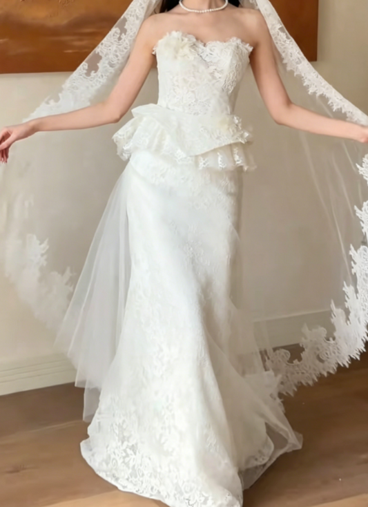 Charming Strapless Lace Wedding Dress Tulle Tiered Mermaid Bridal Dress GG6334