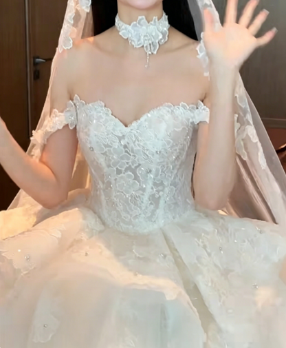 Charming Off-Shoulder White Wedding Dress Appliques Sequins A-Line Bridal Dress GG6348