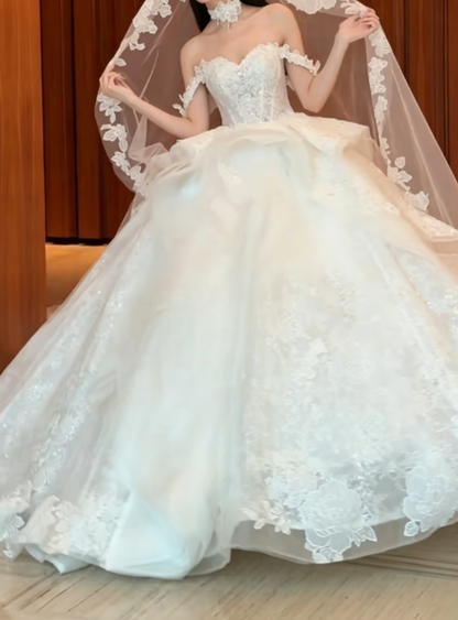 Charming Off-Shoulder White Wedding Dress Appliques Sequins A-Line Bridal Dress GG6348