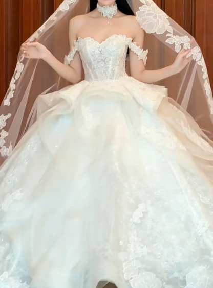 Charming Off-Shoulder White Wedding Dress Appliques Sequins A-Line Bridal Dress GG6348