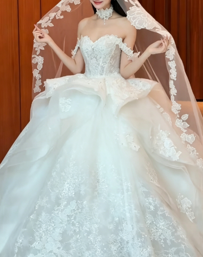 Charming Off-Shoulder White Wedding Dress Appliques Sequins A-Line Bridal Dress GG6348