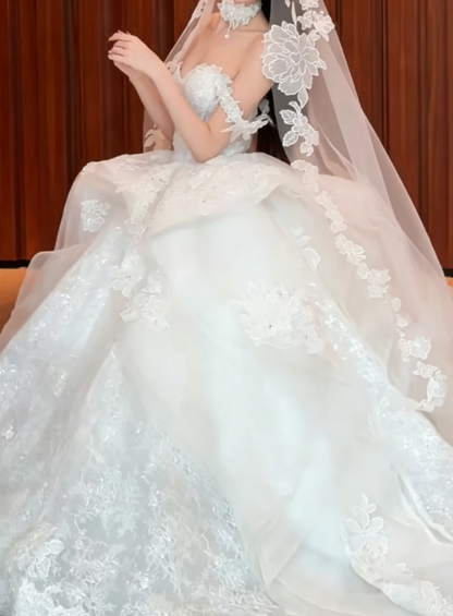 Charming Off-Shoulder White Wedding Dress Appliques Sequins A-Line Bridal Dress GG6348