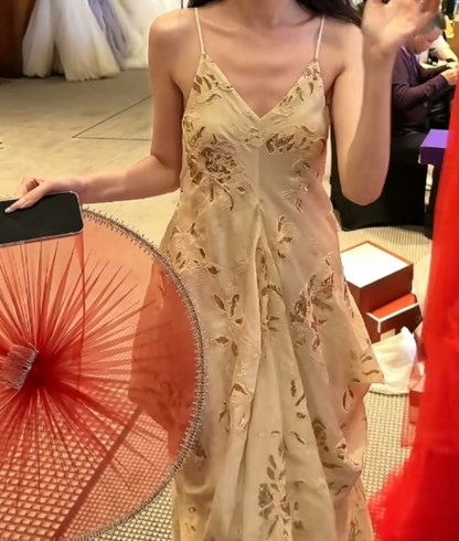 Trendy Spaghetti Straps Beige Prom Dress Sequins Draped Sheath Evening Dress GG6358