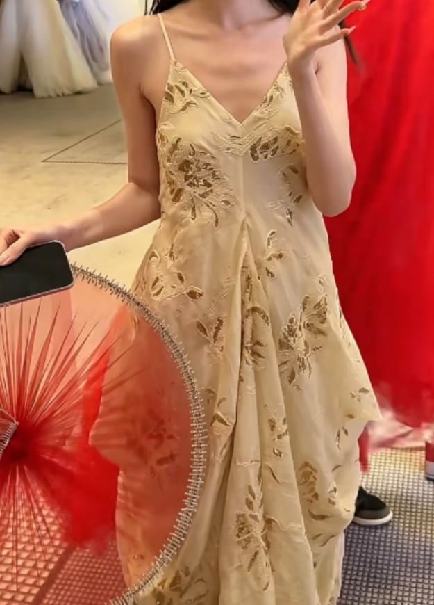 Trendy Spaghetti Straps Beige Prom Dress Sequins Draped Sheath Evening Dress GG6358