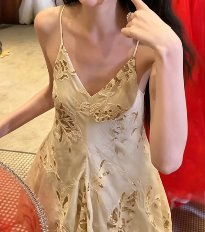 Trendy Spaghetti Straps Beige Prom Dress Sequins Draped Sheath Evening Dress GG6358