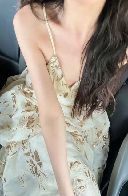 Trendy Spaghetti Straps Beige Prom Dress Sequins Draped Sheath Evening Dress GG6358
