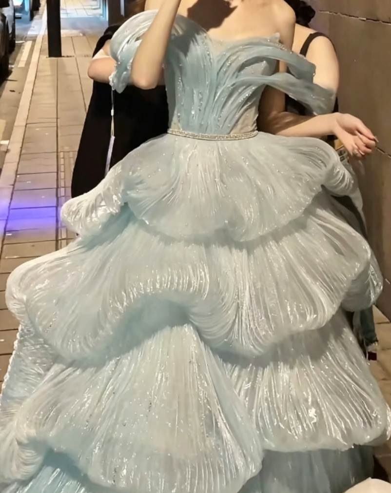 Vintage Off-Shoulder Blue Prom Dress Sequins Tiered Tulle A-Line Evening Dress GG6361