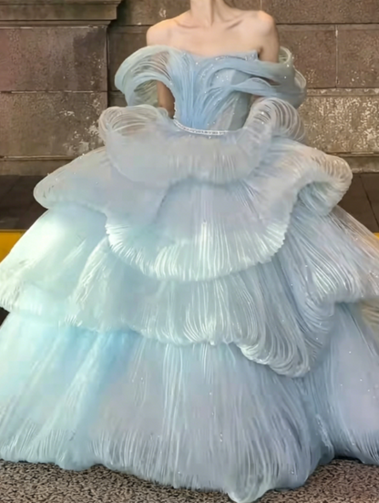 Vintage Off-Shoulder Blue Prom Dress Sequins Tiered Tulle A-Line Evening Dress GG6361