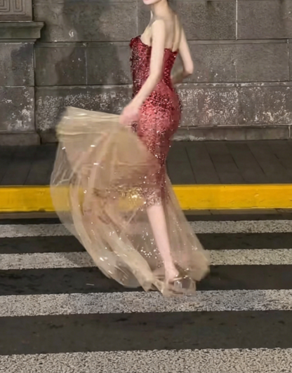 Sexy Strapless Gradient Red Prom Dress Sequins Crystals Mermaid Evening Dress GG6362