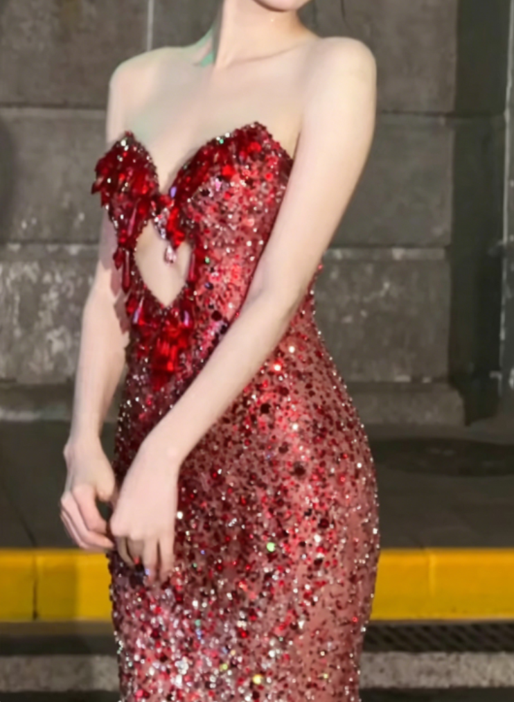 Sexy Strapless Gradient Red Prom Dress Sequins Crystals Mermaid Evening Dress GG6362