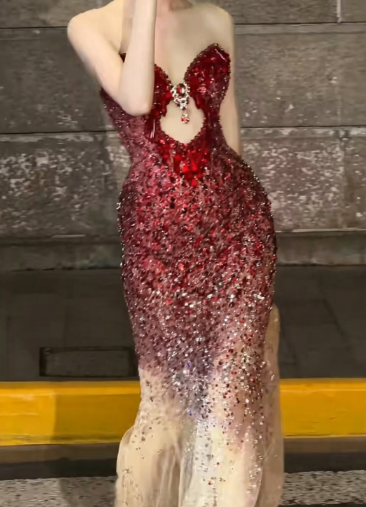 Sexy Strapless Gradient Red Prom Dress Sequins Crystals Mermaid Evening Dress GG6362
