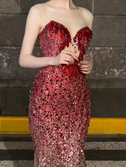 Sexy Strapless Gradient Red Prom Dress Sequins Crystals Mermaid Evening Dress GG6362