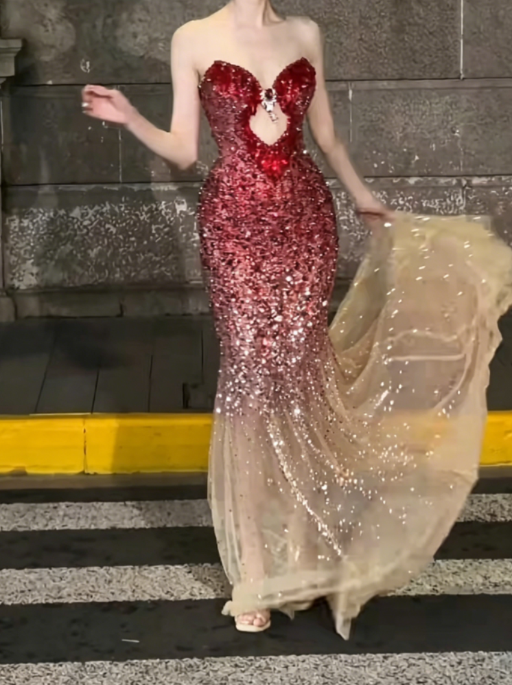Sexy Strapless Gradient Red Prom Dress Sequins Crystals Mermaid Evening Dress GG6362