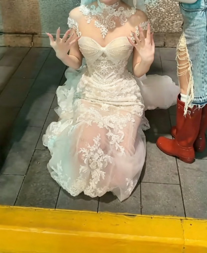 Romantic High Collar White Wedding Dress Appliques Sequins Mermaid Bridal Dress GG6363