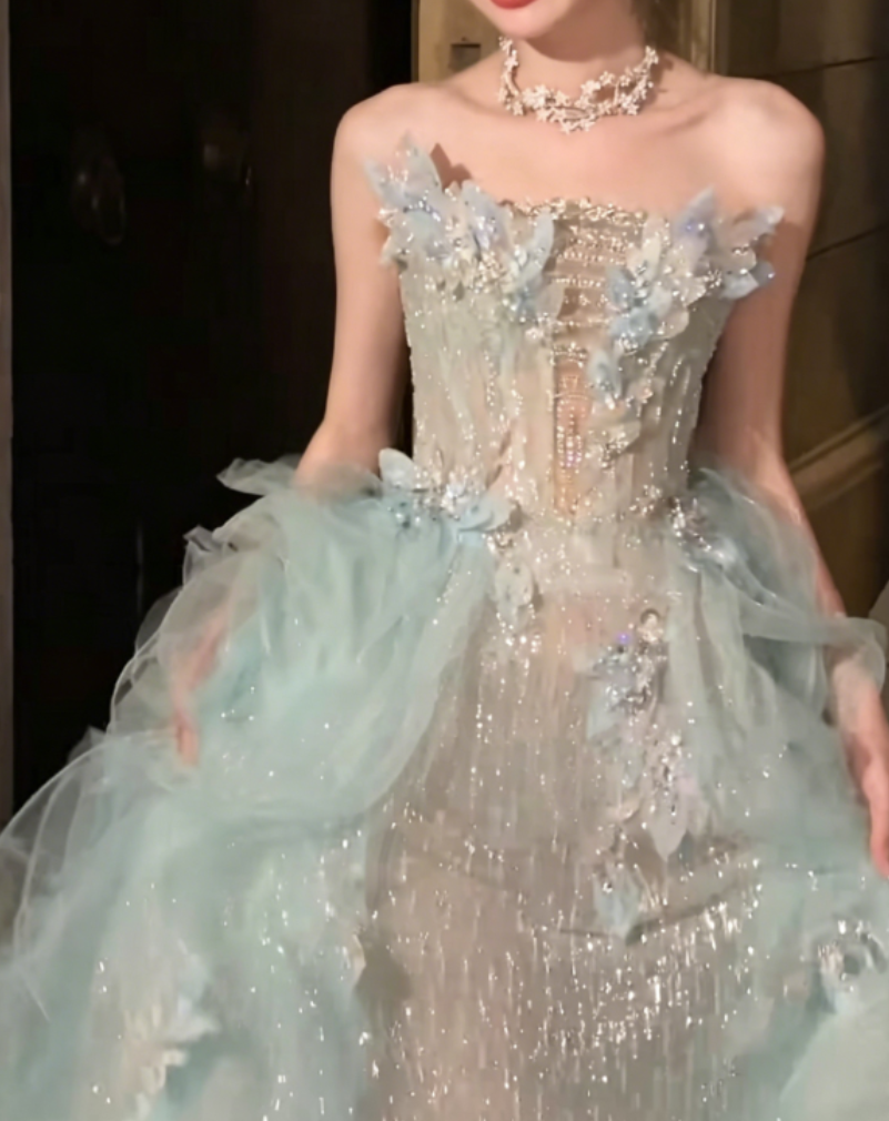 Dreamy Strapless Sequins Green Prom Dress Appliques Ruffles Tulle A-Line Evening Dress GG6365