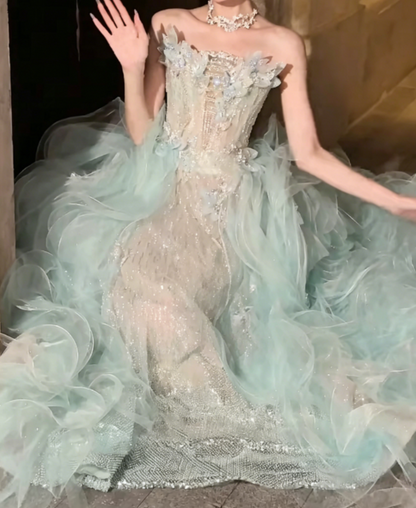 Dreamy Strapless Sequins Green Prom Dress Appliques Ruffles Tulle A-Line Evening Dress GG6365