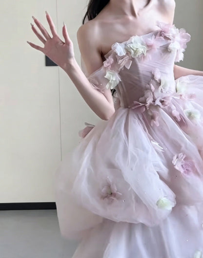 Sweet Off-Shoulder Pink Prom Dress Appliques Tiered A-Line Evening Dress GG6367
