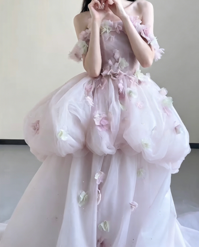 Sweet Off-Shoulder Pink Prom Dress Appliques Tiered A-Line Evening Dress GG6367