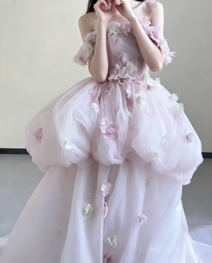 Sweet Off-Shoulder Pink Prom Dress Appliques Tiered A-Line Evening Dress GG6367