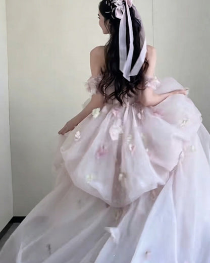 Sweet Off-Shoulder Pink Prom Dress Appliques Tiered A-Line Evening Dress GG6367