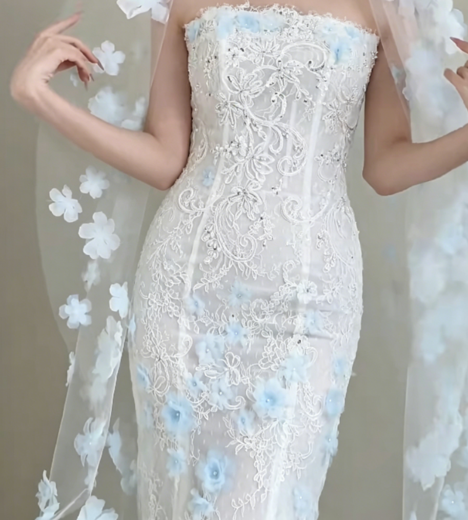 Graceful Strapless White Prom Dress Appliques Sequins Mermaid Evening Dress GG6368