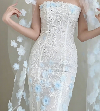 Graceful Strapless White Prom Dress Appliques Sequins Mermaid Evening Dress GG6368
