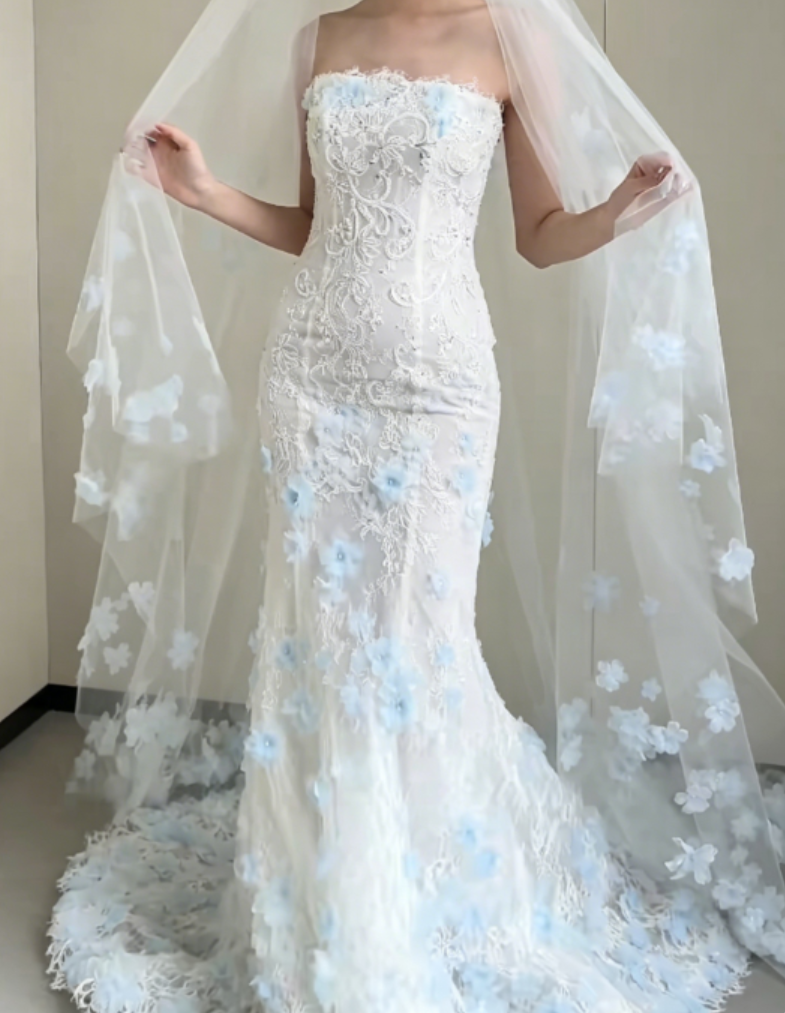 Graceful Strapless White Prom Dress Appliques Sequins Mermaid Evening Dress GG6368