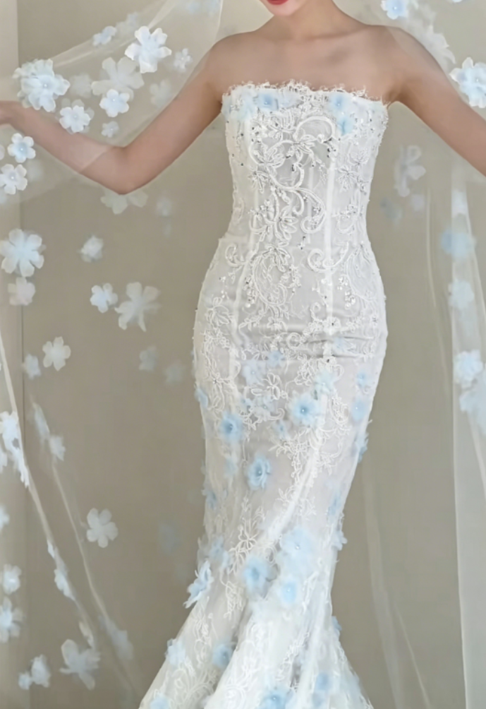 Graceful Strapless White Prom Dress Appliques Sequins Mermaid Evening Dress GG6368