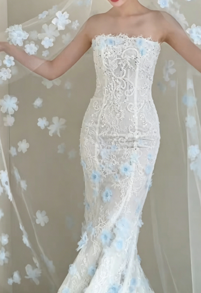 Graceful Strapless White Prom Dress Appliques Sequins Mermaid Evening Dress GG6368